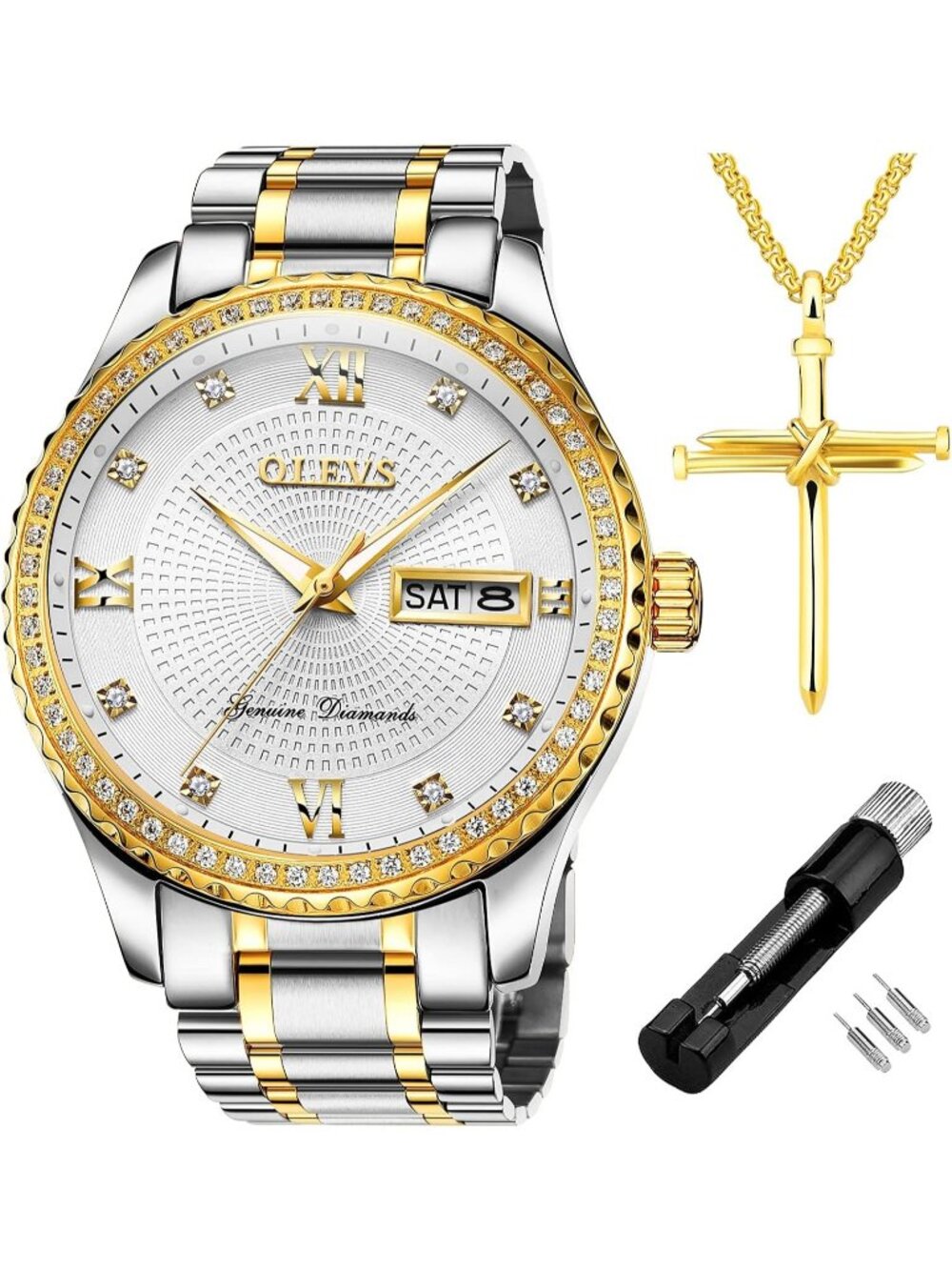 Mens Silver Gold Diamond Stainless Steel Waterproof Luminous Analog Luxury Watch